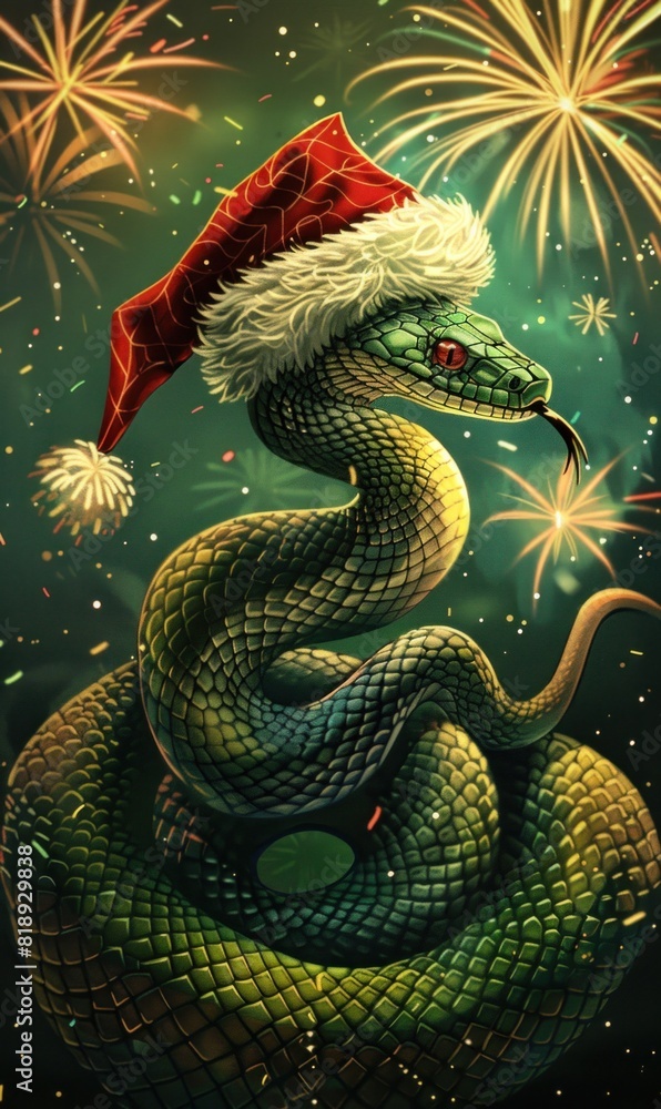 A festive snake wearing a Santa hat amidst fireworks A festive snake wearing a Santa hat amidst fireworks