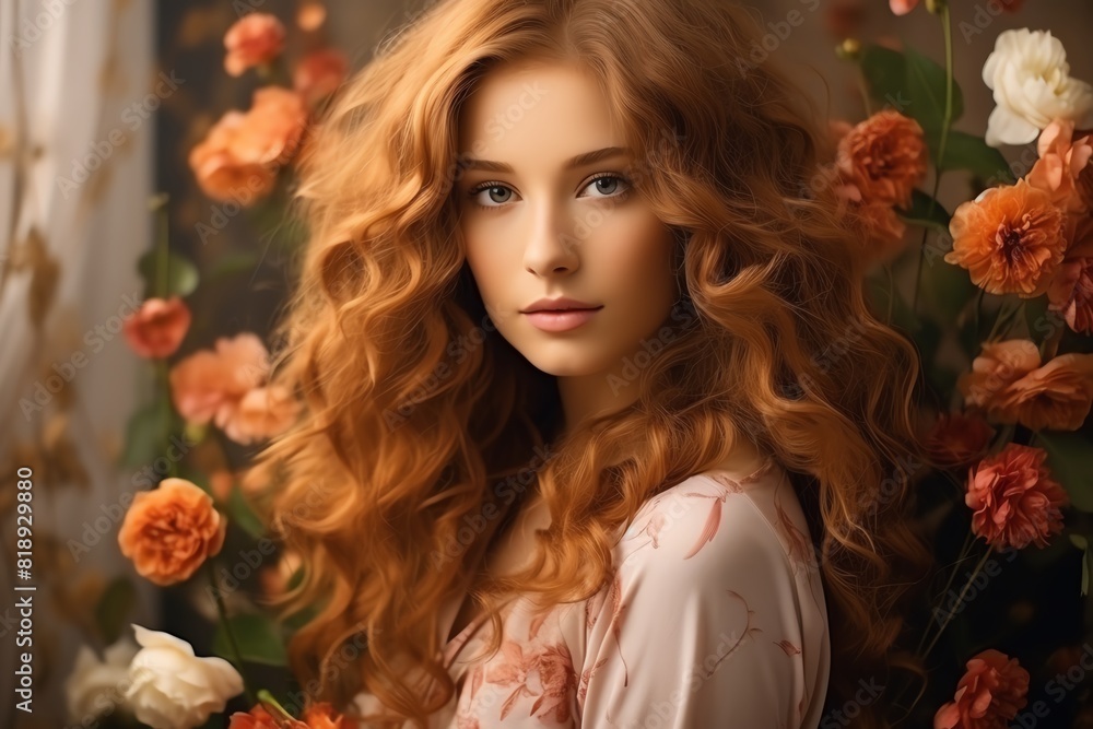Young girl with long red curly hair standing in a garden full of flowers. Young girl with long red curly hair standing in a garden full of flowers.
