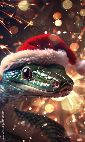 A festive snake wearing a Santa hat