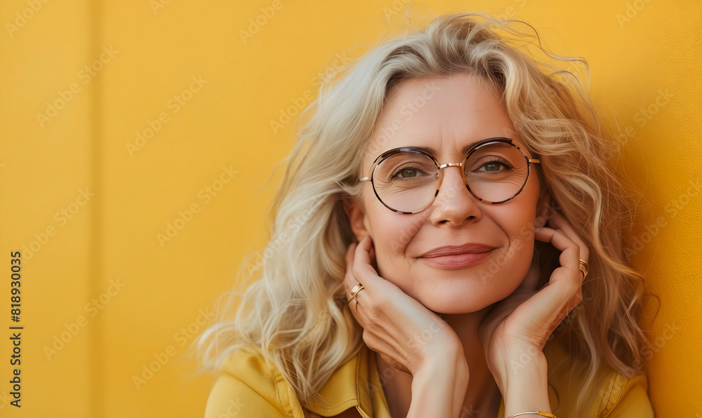 A woman with glasses leaning against a yellow wall. A woman with glasses leaning against a yellow wall.