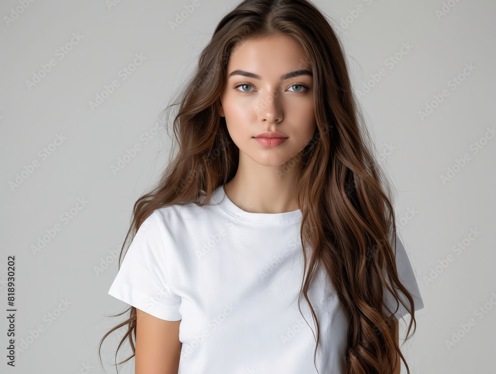 A young woman wearing a white t - shirt. A young woman wearing a white t - shirt.