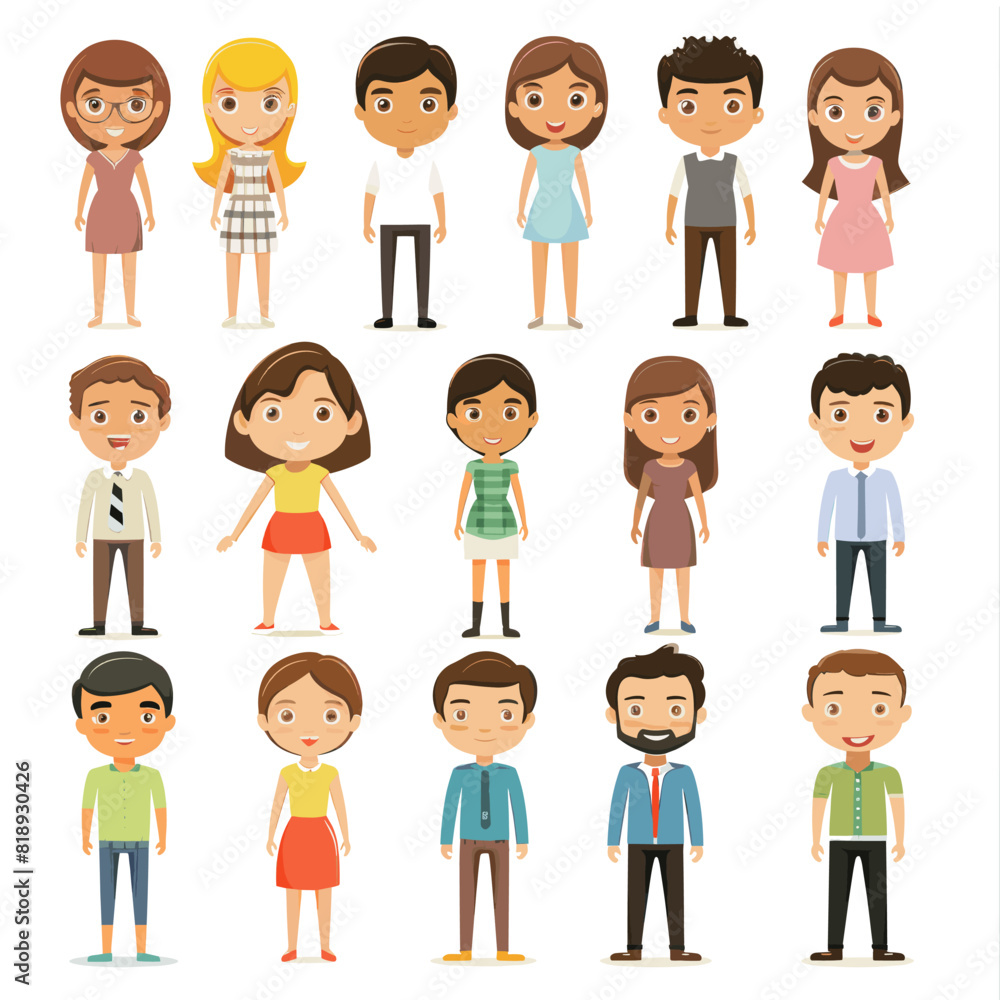 A group of cartoon people are standing in a line. The people are of different ages and genders A group of cartoon people are standing in a line. The people are of different ages and genders