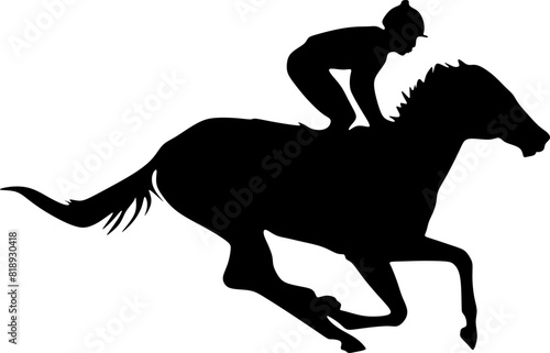 Horse racing. Silhouette of racing horse with jockey on isolated background. Racing horse and jockey silhouette. Horse and rider.Sport