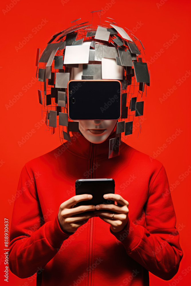 A person wearing a virtual reality headset and holding a smartphone. A person wearing a virtual reality headset and holding a smartphone.