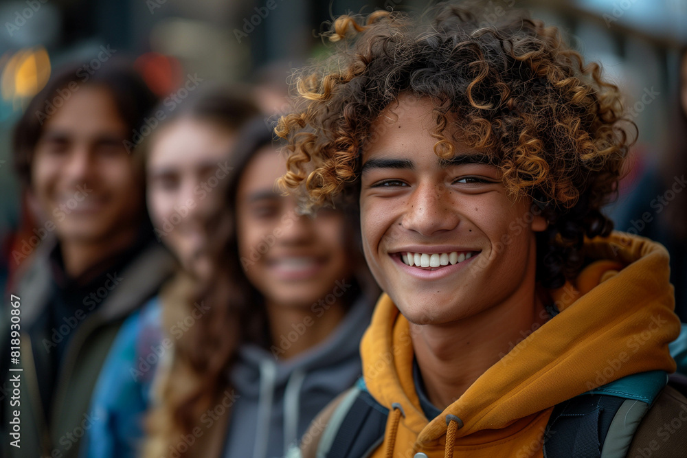 A group of smiling multiethnic students walking on the street, with one student in focus and three more behind him. The young man is wearing casual and has curly hair. A group of smiling multiethnic students walking on the street, with one student in focus and three more behind him. The young man is wearing casual and has curly hair.