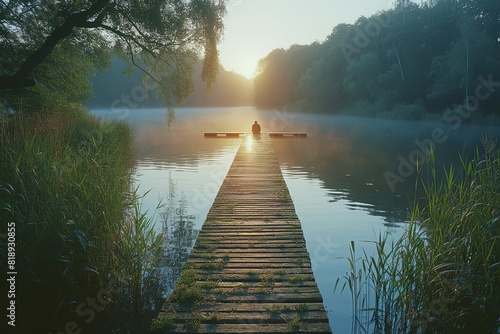 A tranquil riverbank scene with a wooden pier stretching into the water, a lone fisherman patiently waiting for a catch