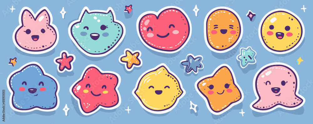 Fototapeta premium Colorful set of smiling face labels and retro sticker shapes, featuring funny characters and quotes.