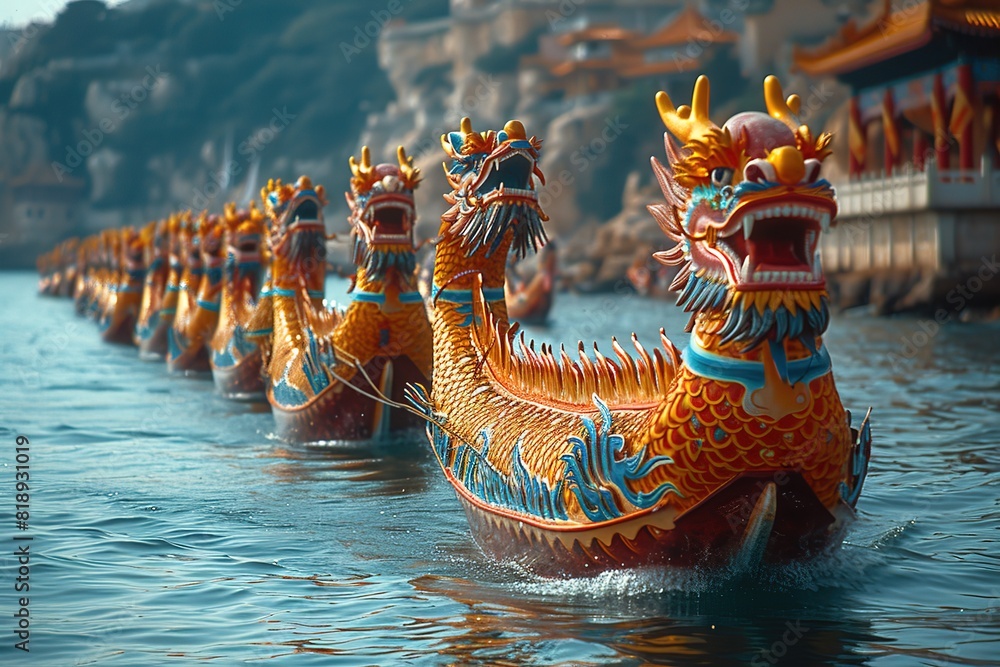A vibrant dragon boat race during a cultural festival, with elaborately decorated boats and synchronized rowers A vibrant dragon boat race during a cultural festival, with elaborately decorated boats and synchronized rowers