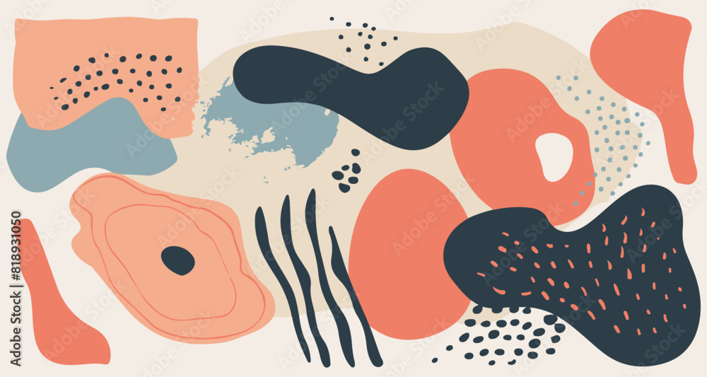 A contemporary abstract composition featuring colorful rounded shapes, depicted in a flat, simple, and minimalist vector illustration style.