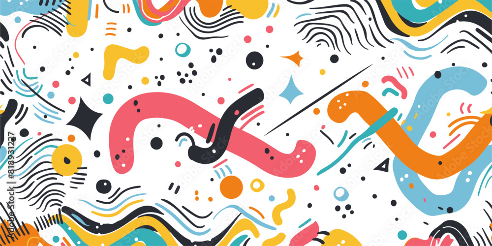 Colorful vector illustration featuring naive playful abstract shapes in a doodle grunge style, including squiggles, circles, asterisks, infinity signs, dots, and bold wavy lines.