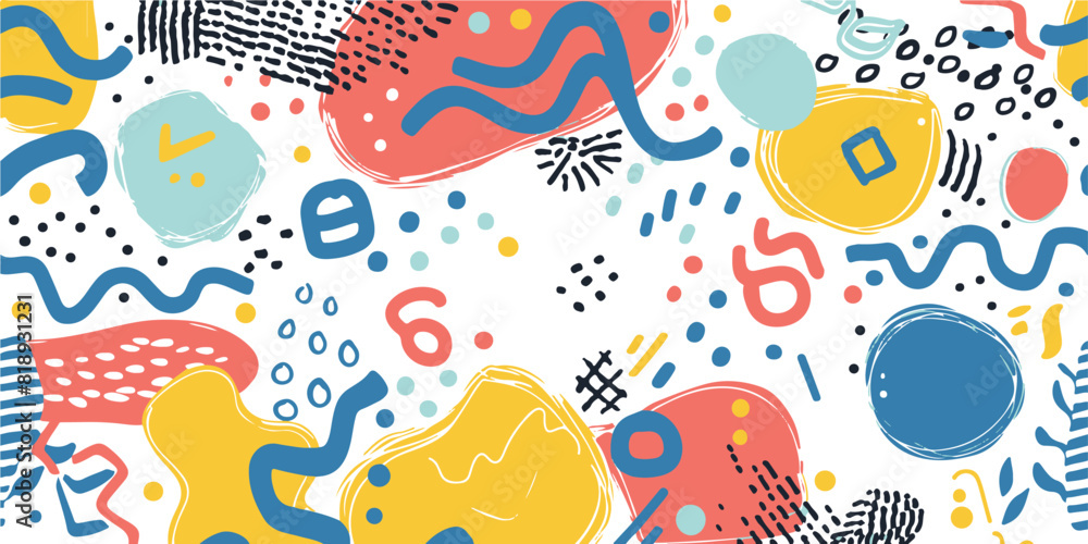 Colorful vector illustration featuring naive playful abstract shapes in a doodle grunge style, including squiggles, circles, asterisks, infinity signs, dots, and bold wavy lines.