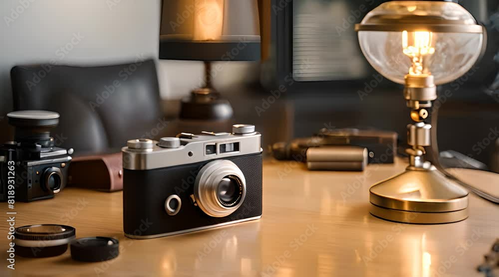 An old-fashioned, black and silver camera with big buttons and a round lens An old-fashioned, black and silver camera with big buttons and a round lens