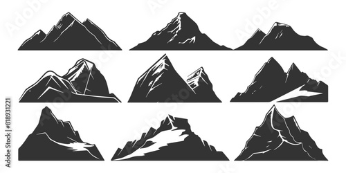 Set of vector icons featuring black mountain shapes suitable for logos.