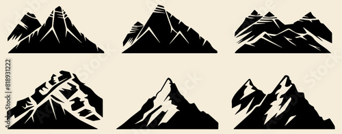 Set of vector icons featuring black mountain shapes suitable for logos.