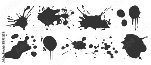 Assorted inkblots, organic blobs, and speck shapes in a vector black silhouette set.