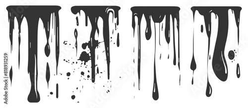 Vector illustration set depicting various forms of dripping paint, flowing liquid, and paint splatter, including paint flows, stains, drops, inks, and molten elements, presented in black silhouette.