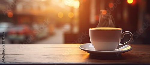 Coffee cup in a cafe with a bright backdrop Ample space for copying images