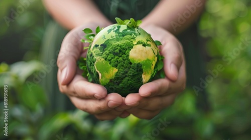 hands holding a vibrant green globe symbolizing environmental conservation and sustainability on earth day conceptual 3d render