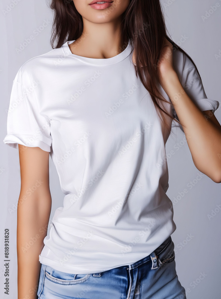 A young woman wearing a white t - shirt and jeans. A young woman wearing a white t - shirt and jeans.