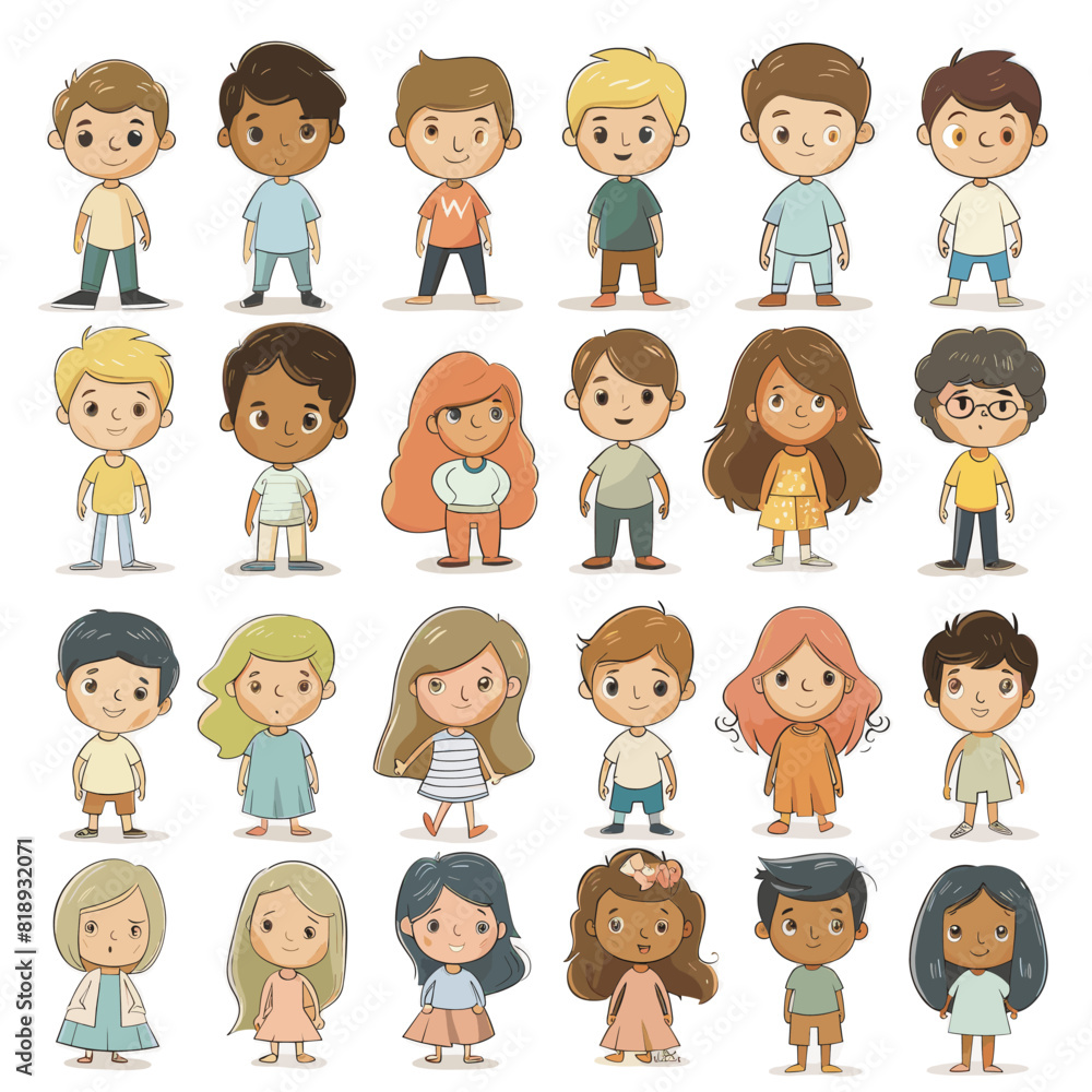Group of happy cartoon children. The children consist of different boys and girls. Vector icons
