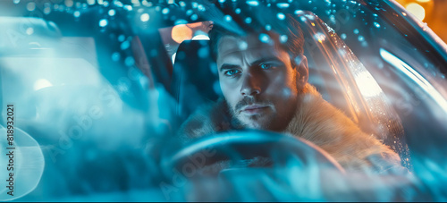 A man driving in a car with rain falling on him.