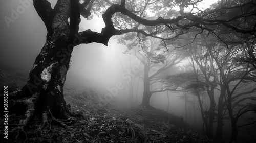haunting aokigahara forest misty long exposure capturing eerie supernatural ambience on paranormal day black and white photography