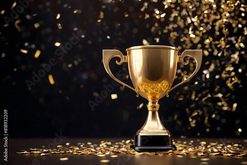 Golden trophy cup on a black background with falling confetti. Winning 1st place in sport or competition background.