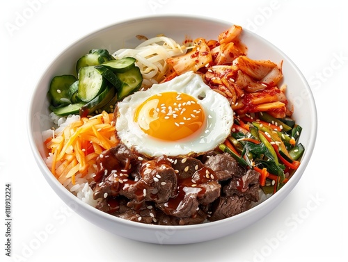 A bowl of Bibimbap Korean Spicy mixed rice, isolated white background