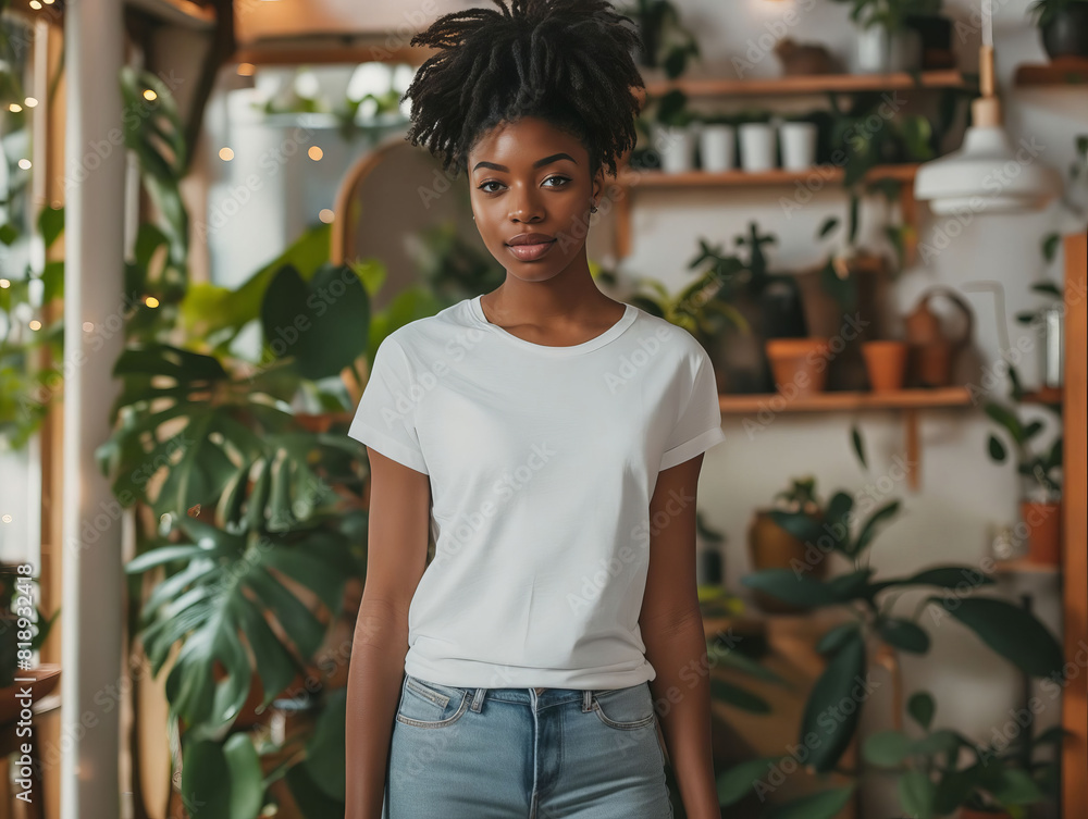 A young woman in a white t - shirt standing in dinning room. A young woman in a white t - shirt standing in dinning room.