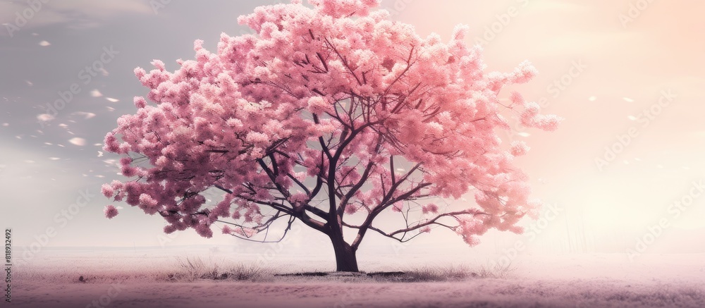 In springtime a stunning pink blossom adorns a tree creating a picturesque scene with plenty of copy space In springtime a stunning pink blossom adorns a tree creating a picturesque scene with plenty of copy space