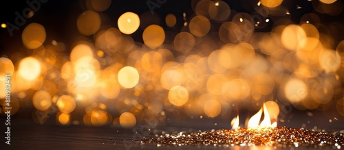 A captivating blurred Bengal fire radiating a beautiful golden glow stands alone against a black backdrop The festive gold bokeh adds a touch of brightness accented by sparkling lights This image rep photo
