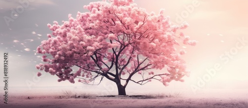 In springtime a stunning pink blossom adorns a tree creating a picturesque scene with plenty of copy space