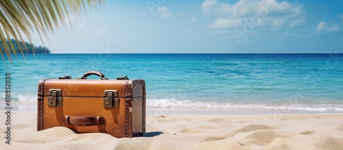 Tropical summer vacation concept with a beach straw suitcase and a wooden boat parked on the sandy shore creating a serene copy space image