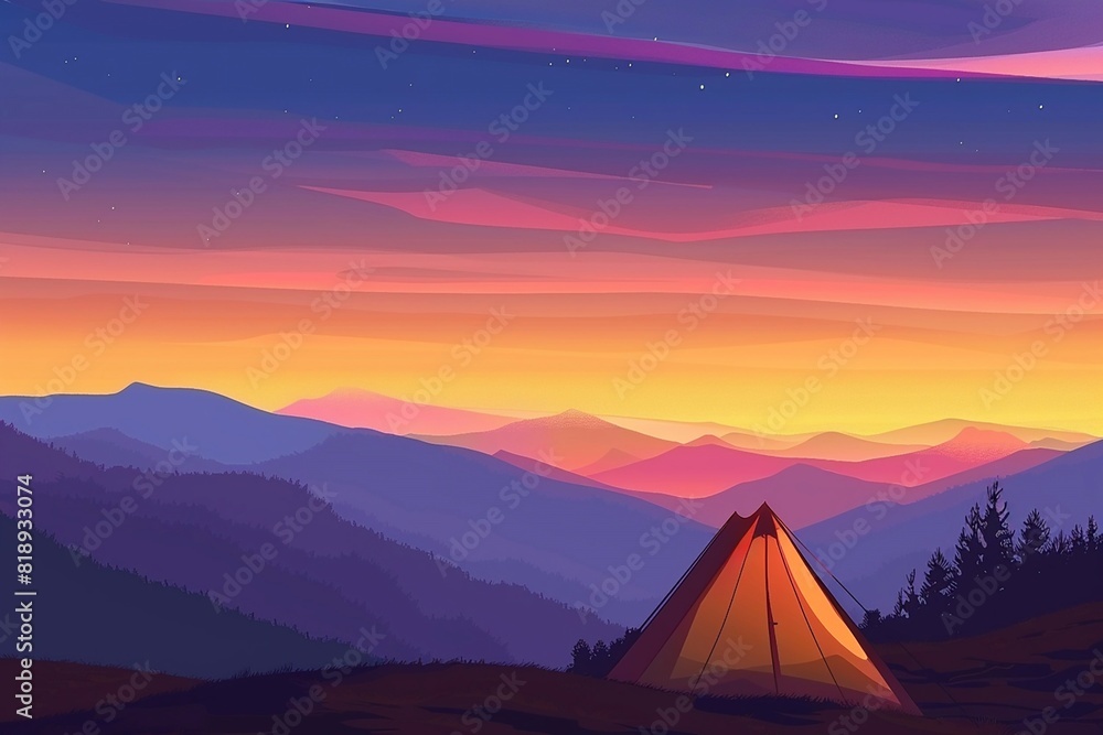 Tourist tent in the mountains under evening sky, Colorfull sunset in mountains, Vector illustration.