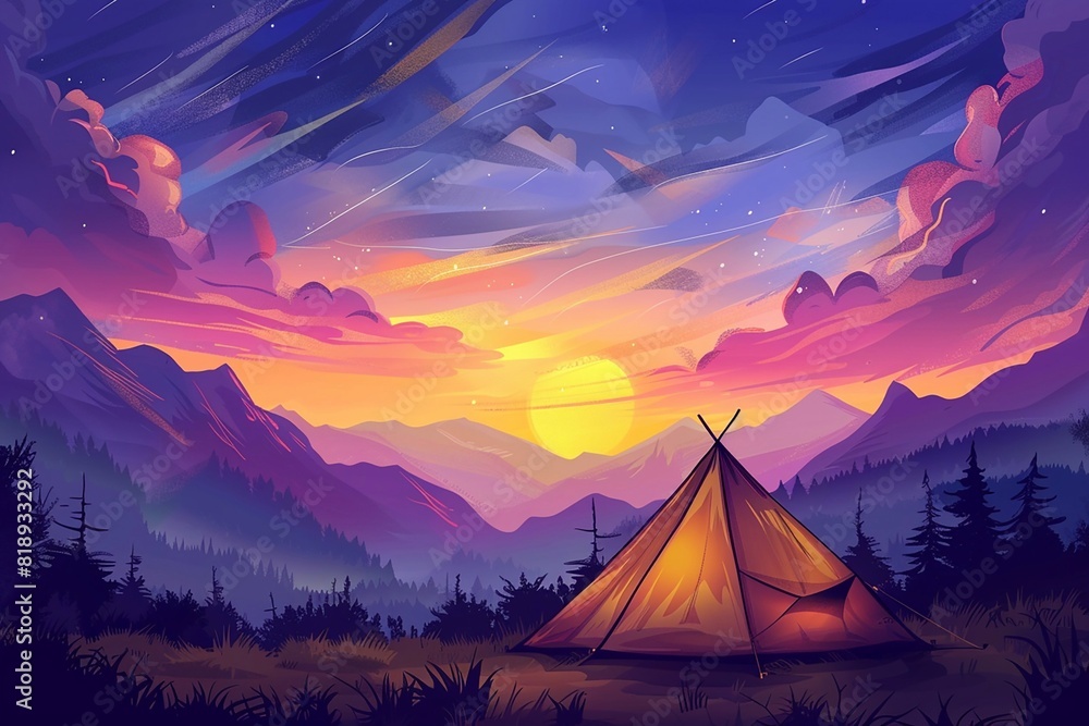 Tourist tent in the mountains under evening sky, Colorfull sunset in mountains, Vector illustration.