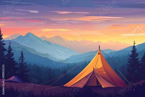 Tourist tent in the mountains under evening sky, Colorfull sunset in mountains, Vector illustration.