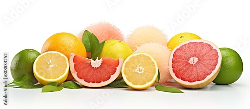 A close up cut out clipping path image of fresh pomelo pummelo grapefruit and shaddock isolated on a white background Perfect for the Mid autumn festival. Copyspace image