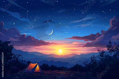 Tourist tent in the mountains under evening sky  Colorfull sunset in mountains  Vector illustration.