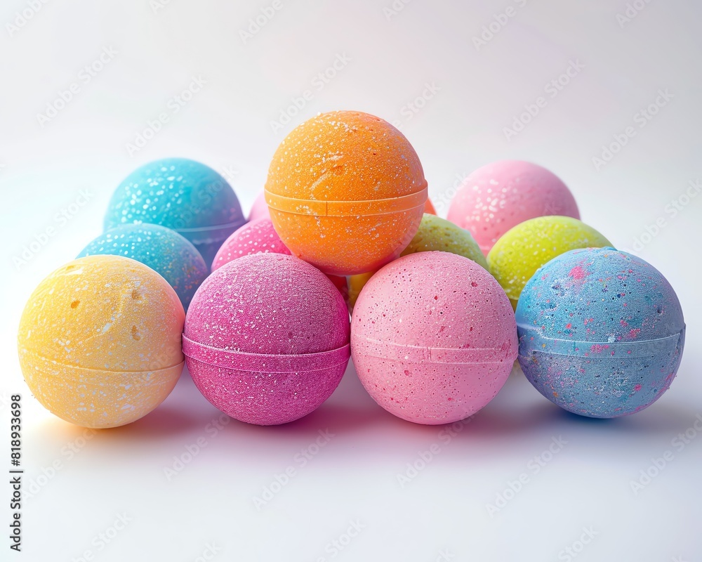 A collection of vibrant bath bombs, each a different color, fizzing gently on a white background A collection of vibrant bath bombs, each a different color, fizzing gently on a white background