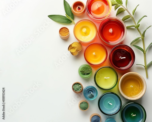 A collection of colorful spa candles and oils, isolated on a white background