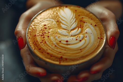 Artistic Latte with Leaf Design Latte Art - Perfect for Coffee Shop Decor or Menus