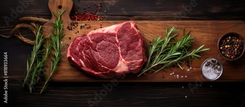 A top view of a raw beef steak on the bone along with herbs like sage thyme and rosemary is showcased on a cutting board leaving plenty of space for additional objects or text in the image