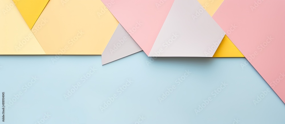 Top view of a minimal pastel colored paper background with abstract geometric shapes The trendy colors of pale blue pink and yellow create a fashionable and stylish look The flat lay composition adds Top view of a minimal pastel colored paper background with abstract geometric shapes The trendy colors of pale blue pink and yellow create a fashionable and stylish look The flat lay composition adds
