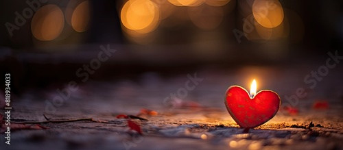 A heart shaped candle with a red hue placed on a gravestone in a cemetery creating a somber ambiance on All Saints Day With shallow depth of field the image provides a copy space for personal message photo