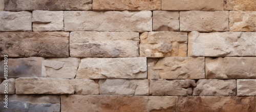 Close up image of a beige stone wall with a thick layer of cement showcasing a variety of colors and textures in the background copy space image