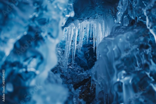 close-up cueva de hielo con estalactitas, ruta en el hielo por un glaciar photo