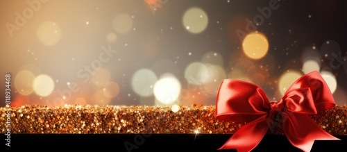 A festive New Year s background with gold and red decorations multicolored sequins a small Xmas tree twig and a bow The image is full of sparkle and adds a festive touch to the season Copy space imag