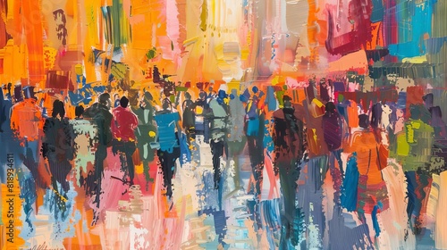 impressionistic cityscape painting vibrant crowds navigating bustling urban streets lively atmosphere