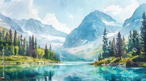 Beautiful mountain landscape with a clear blue lake  in watercolor