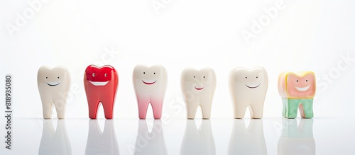 A copy space image showcasing dental model toys with realistic teeth set against a clean white backdrop